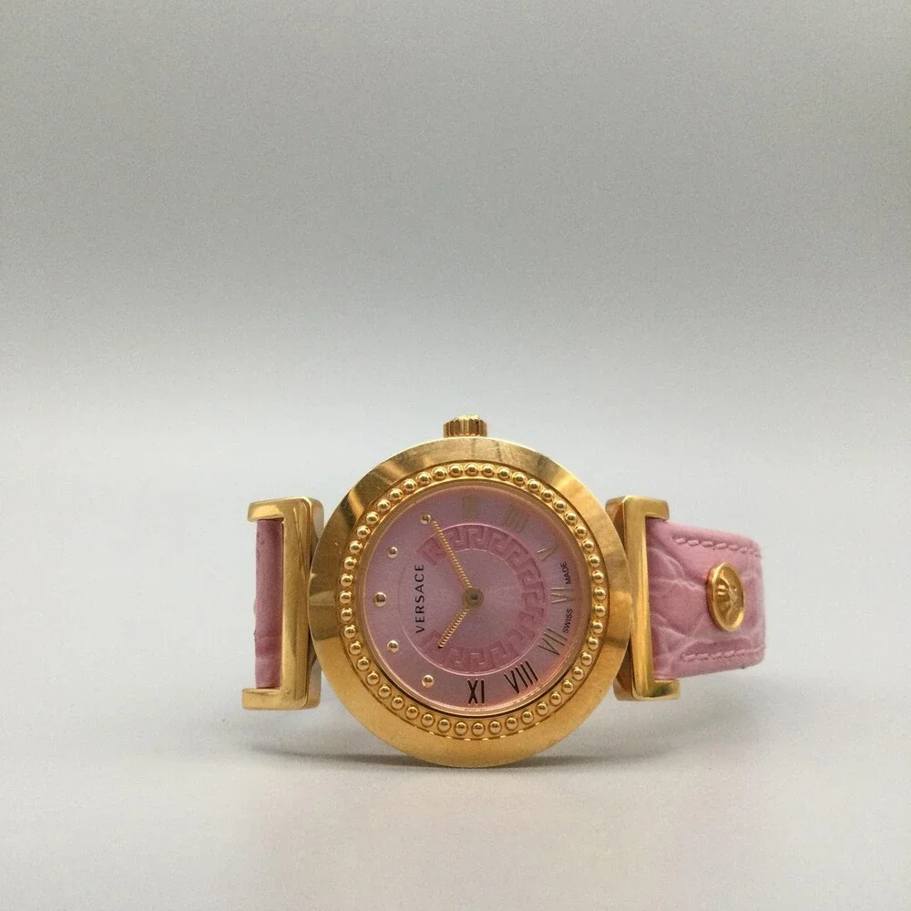 Versace Womens Watch 35mm Pink Dial Gold Tone Leather Swiss Medusa New Battery